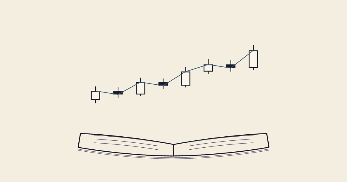 Line art illustration of a rising candlestick chart above an open book